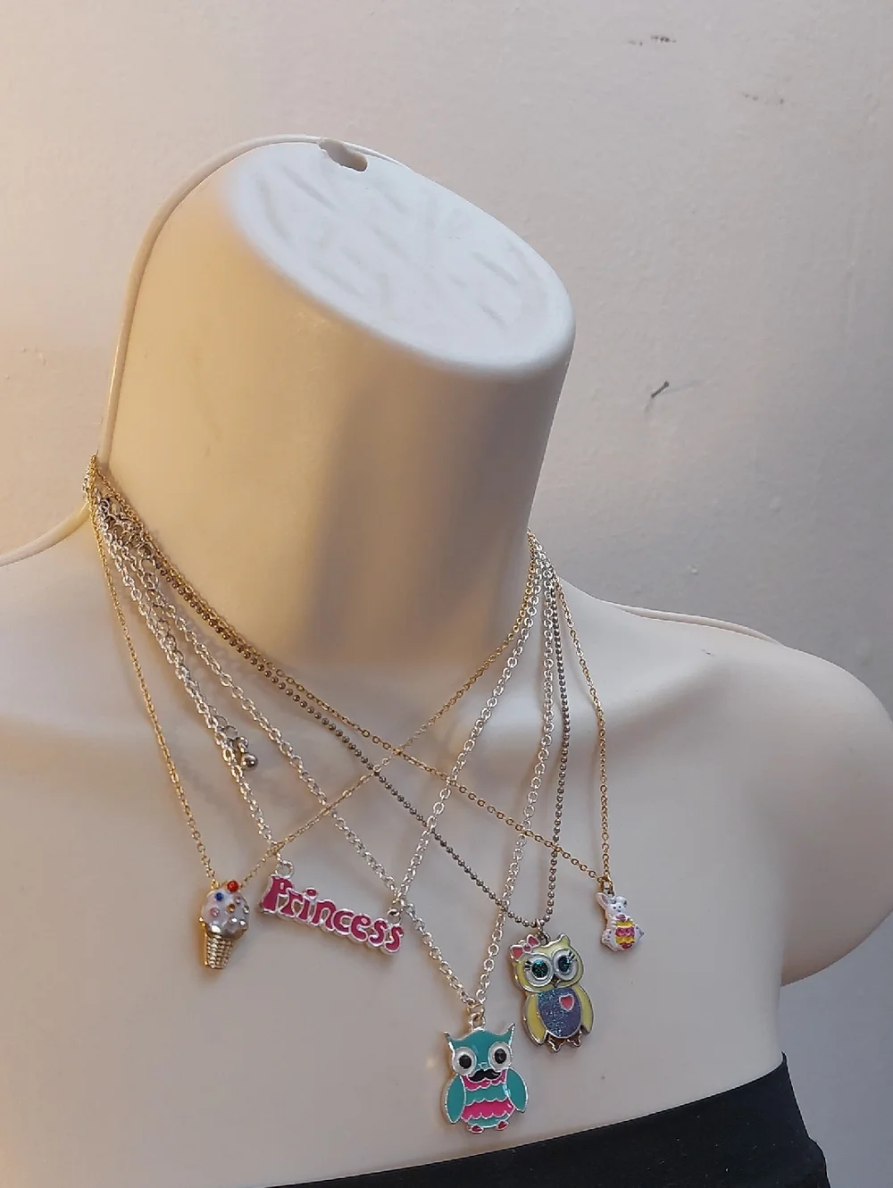 Bundle Lot Of 5 Kids Themed Necklaces Owl Princess Ice Cream Easter Bunny